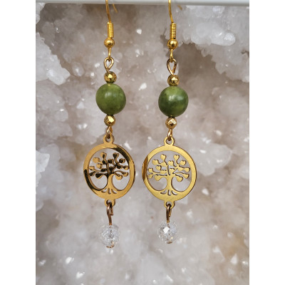 Boucles d'oreilles acier inoxydable doré, Arbre de vie, Jade et Cristal de roche facetté