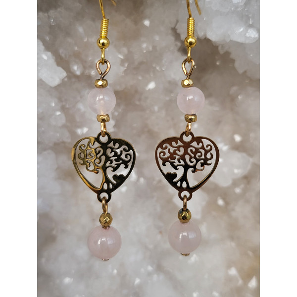 Boucles d'oreilles acier inoxydable doré, Arbre de vie coeur et Quartz rose