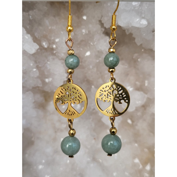Boucles d'oreilles acier inoxydable doré, Arbre de vie et Jade de Birmanie