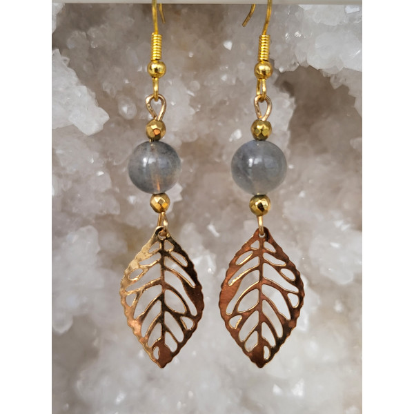 Boucles d'oreilles acier inoxydable doré, Feuilles et Labradorite