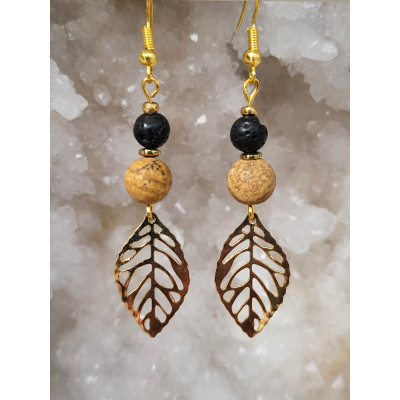Boucles d'oreilles acier inoxydable doré, Feuilles, Jaspe paysage et Pierre de lave
