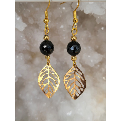 Boucles d'oreilles acier inoxydable doré, Feuilles et Tourmaline noire  facettées