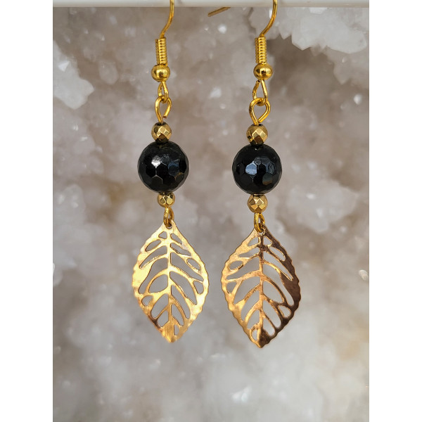 Boucles d'oreilles acier inoxydable doré, Feuilles et Tourmaline noire  facettées