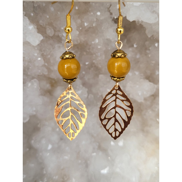 Boucles d'oreilles acier inoxydable doré, Feuilles et Jaspe Mokaïte