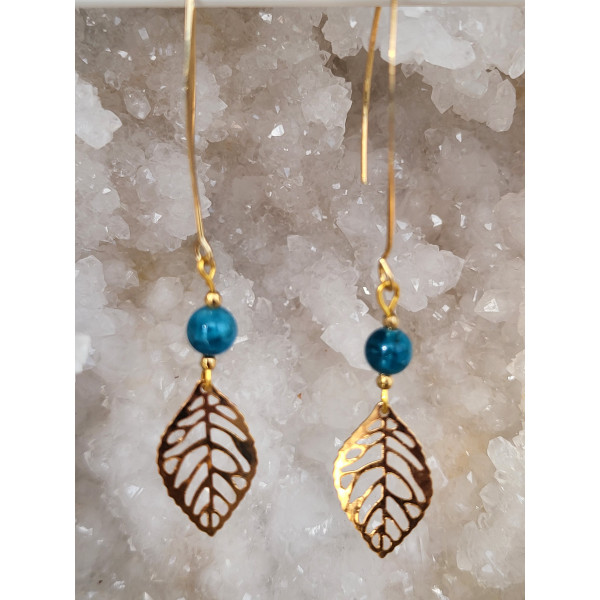 Boucles d'oreilles acier inoxydable doré, feuilles et Apatite