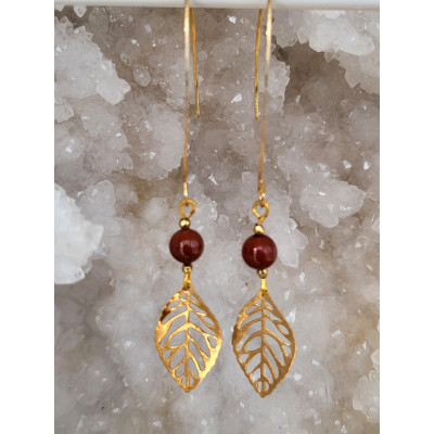 Boucles d'oreilles acier inoxydable doré, feuilles et Oeil de Taureau