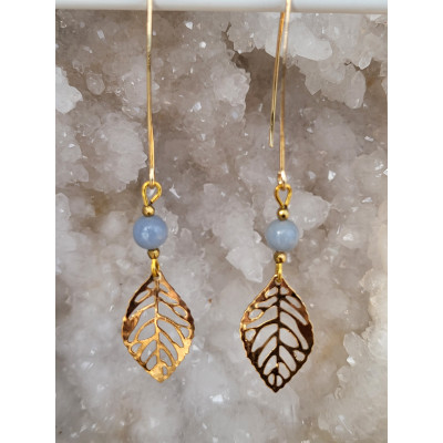 Boucles d'oreilles acier inoxydable doré, feuilles et Angélite