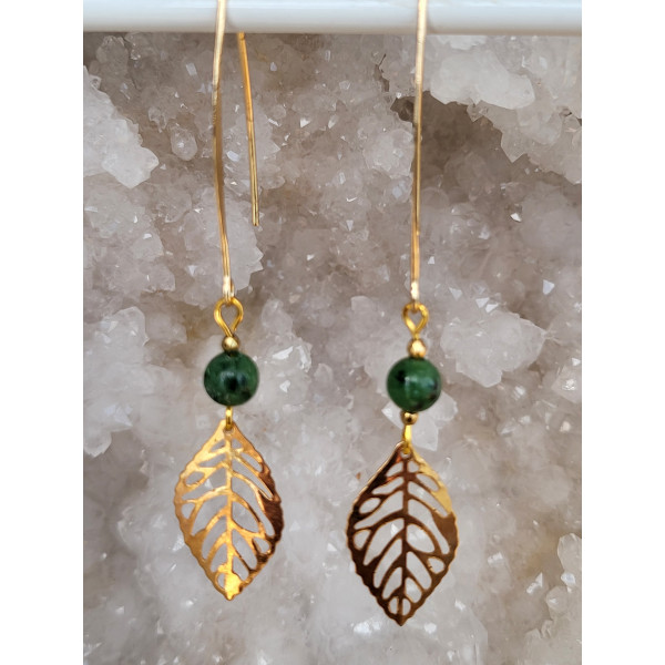 Boucles d'oreilles acier inoxydable doré, feuilles et Rubis-Zoïsite