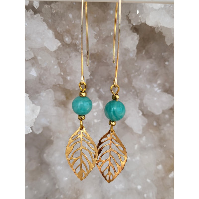 Boucles d'oreilles acier inoxydable doré, feuilles et Amazonite