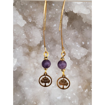 Boucles d'oreilles acier inoxydable doré, Arbre de vie et Lépidolite