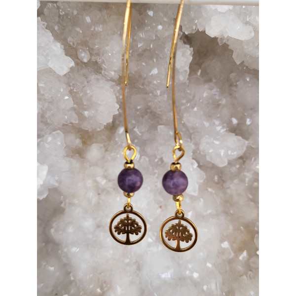 Boucles d'oreilles acier inoxydable doré, Arbre de vie et Lépidolite
