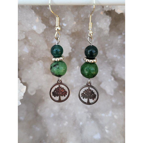 Boucles d'oreilles en acier inoxydable, Fleur de vie, Agate mousse et Rubis-Zoïsite