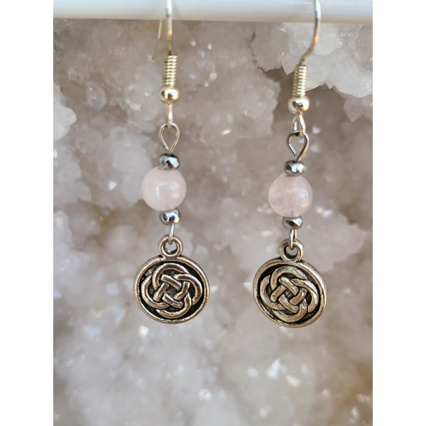 Boucles d'oreilles en acier inoxydable, Noeuds Celtique et Quartz rose