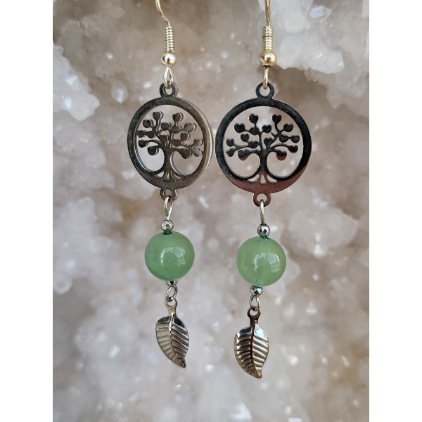Boucles d'oreilles en acier inoxydable, Arbre de vie et Aventurine