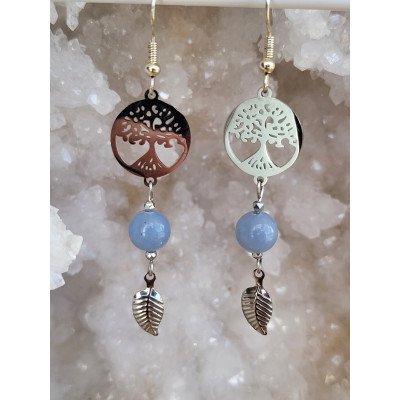 Boucles d'oreilles en acier inoxydable, Arbre de vie et Angélite