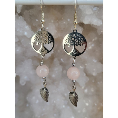 Boucles d'oreilles en acier inoxydable, Arbre de vie et Quartz rose