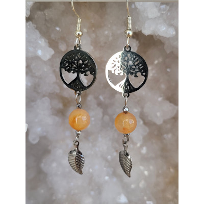 Boucles d'oreilles en acier inoxydable, Arbre de vie et Cornaline