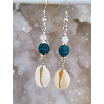 Boucles d'oreilles en acier inoxydable, Cauries, Cristal de roche craquelé et Pierres de lave teintées en bleu