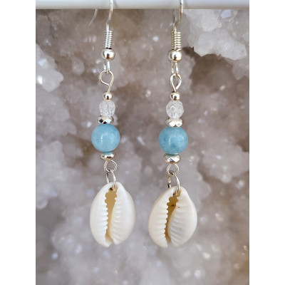 Boucles d'oreilles en acier inoxydable, Cauries et Aigue marie