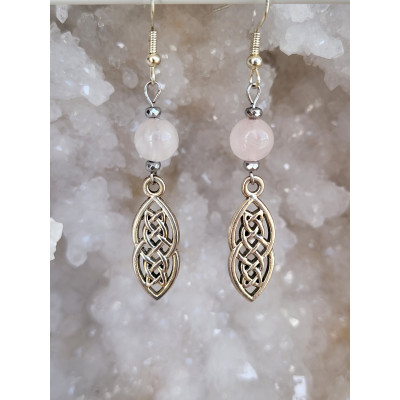 Boucles d'oreilles en acier inoxydable, Noeuds Celtique et Quartz rose