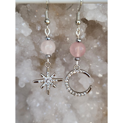 Boucles d'oreilles en acier inoxydable, dépareillées Lune et Soleil avec Quartz rose