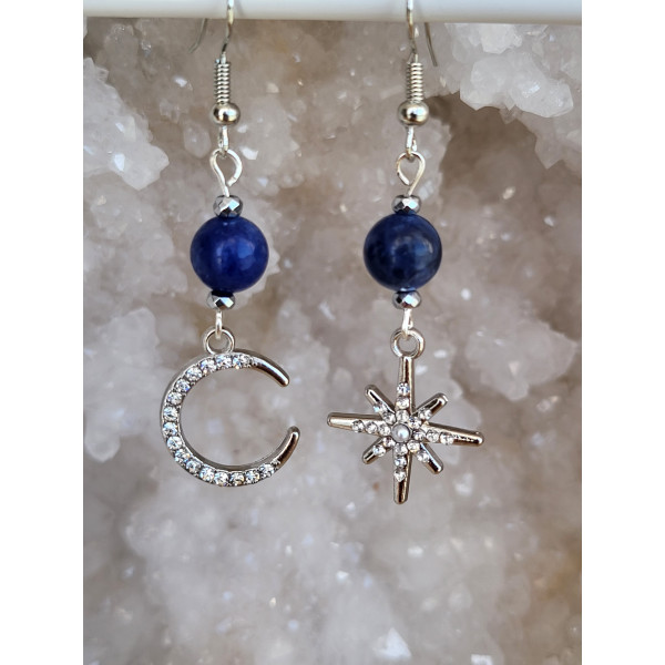 Boucles d'oreilles en acier inoxydable, dépareillées Lune et Soleil avec Sodalite