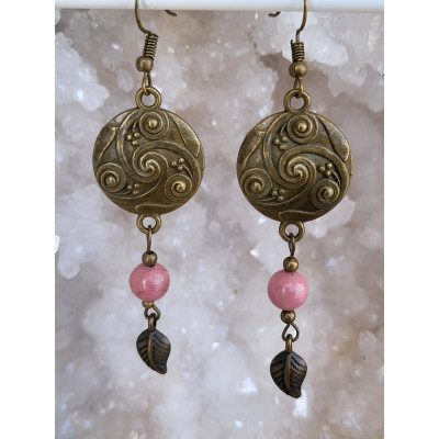 Boucles d'oreilles en métal bronze antique Celtique avec Rhodonite
