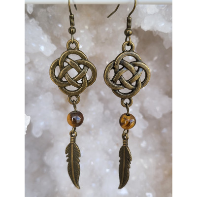 Boucles d'oreilles en métal bronze antique Noeuds Celtique avec Oeil de tigre