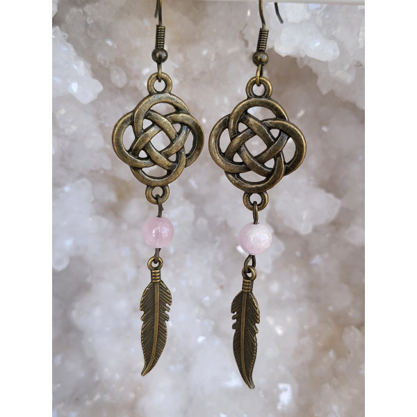 Boucles d'oreilles en métal bronze antique Noeuds Celtique avec Quartz rose
