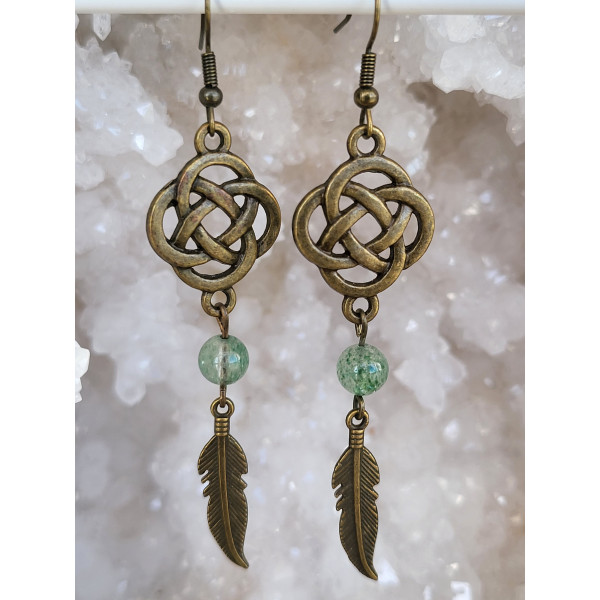 Boucles d'oreilles en métal bronze antique Noeuds Celtique avec Aventurine
