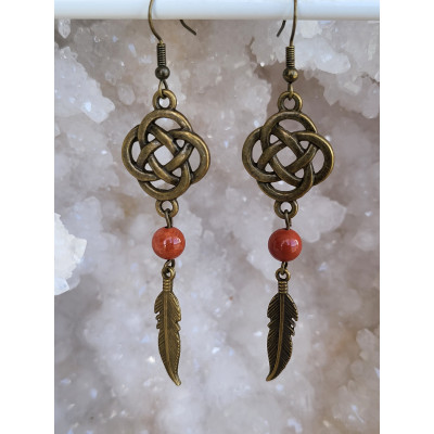 Boucles d'oreilles en métal bronze antique Noeuds Celtique avec Jaspe rouge