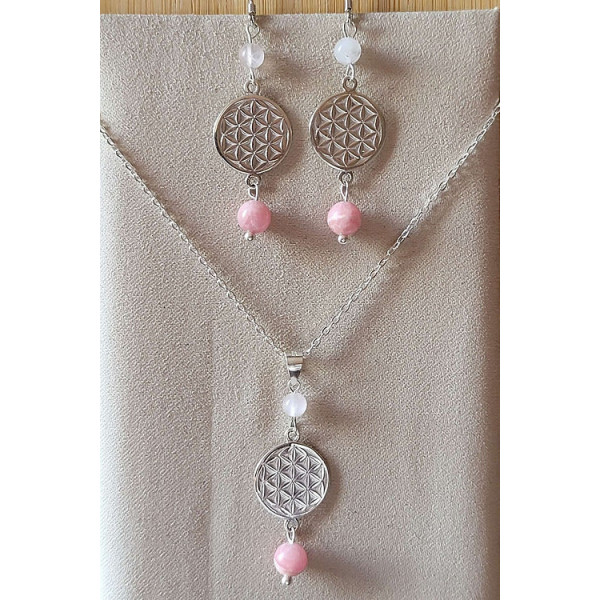 Parure Fleur de vie Rhodocrosite et Quartz rose